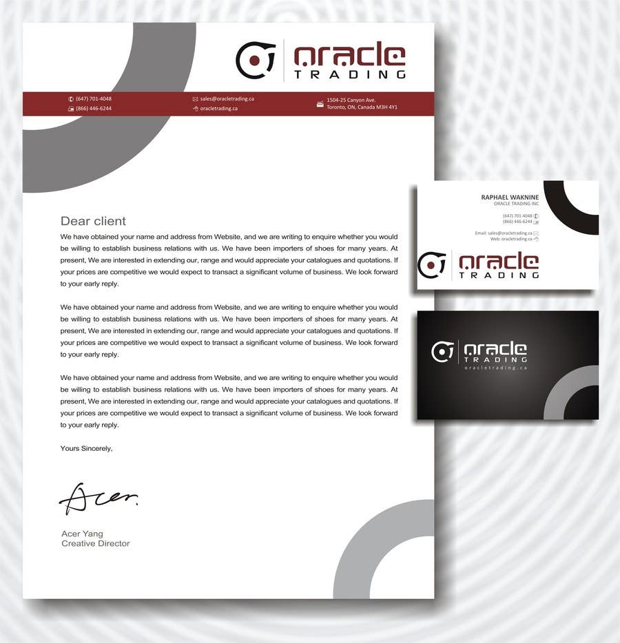 Proposition n°61 du concours                                                 Business Card + Letterhead Design for ORACLE TRADING INC.
                                            