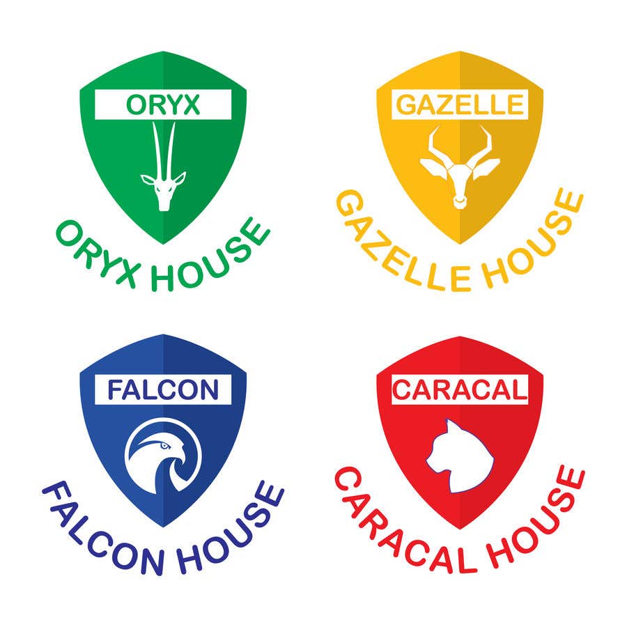 Kilpailutyö #26 kilpailussa                                                 4 School House Logos. We have Oryx (green), Gazelle (yellow), Falcon (blue) and Caracal (red). See image 1 for more details. Ive attached examples of online images.
                                            