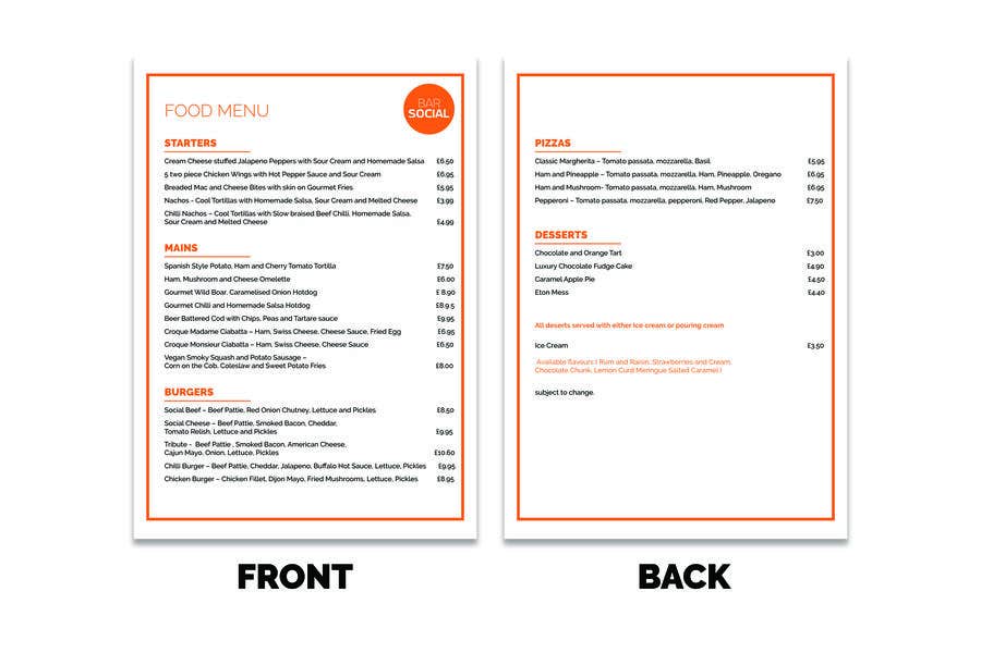 Penyertaan Peraduan #1 untuk                                                 Design/Create funky food menu for bar/restaurant in MS Word
                                            