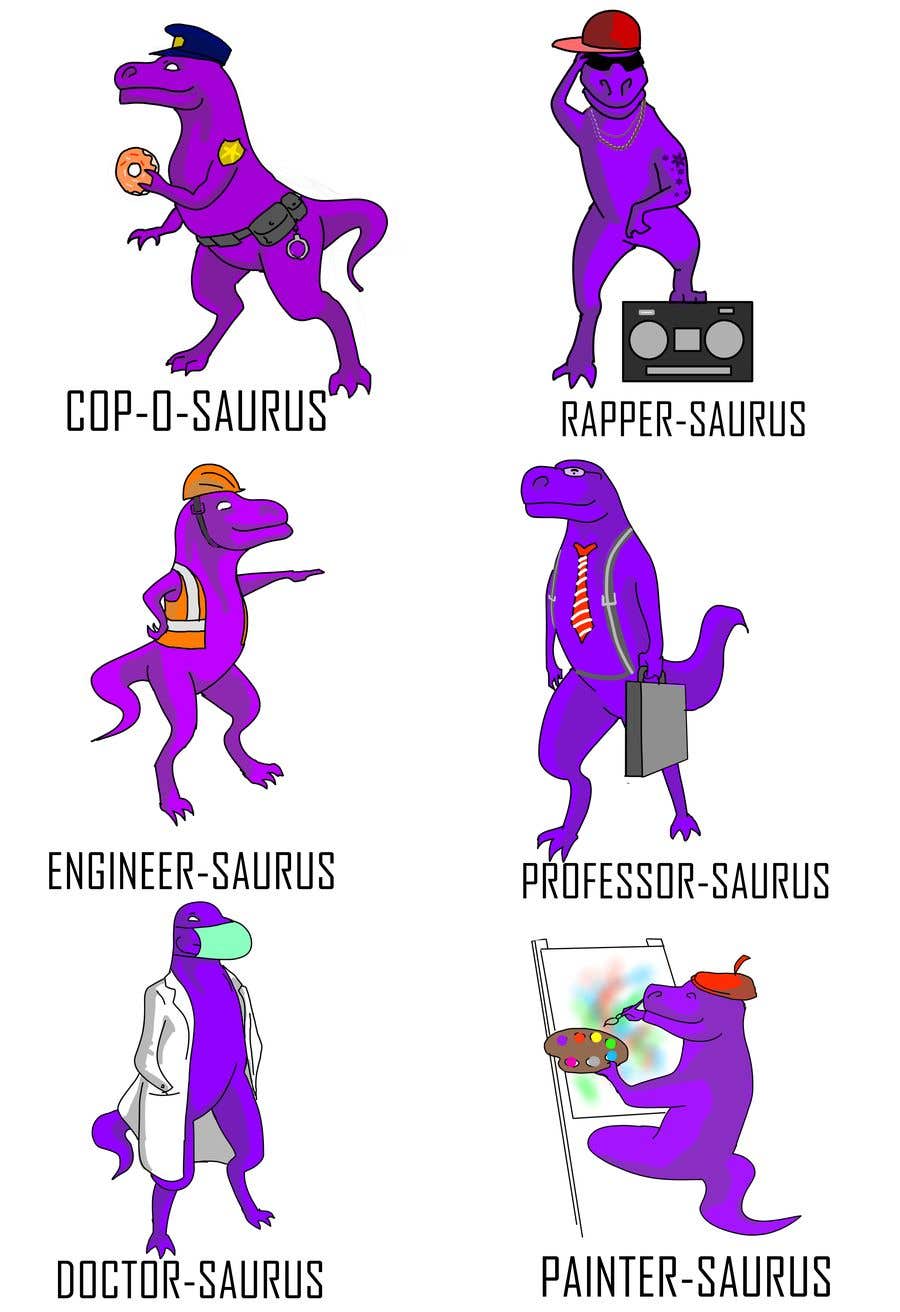 Kilpailutyö #17 kilpailussa                                                 6 Different Cartooned Puny Versions of the same base Dinosaur w/ Names
                                            