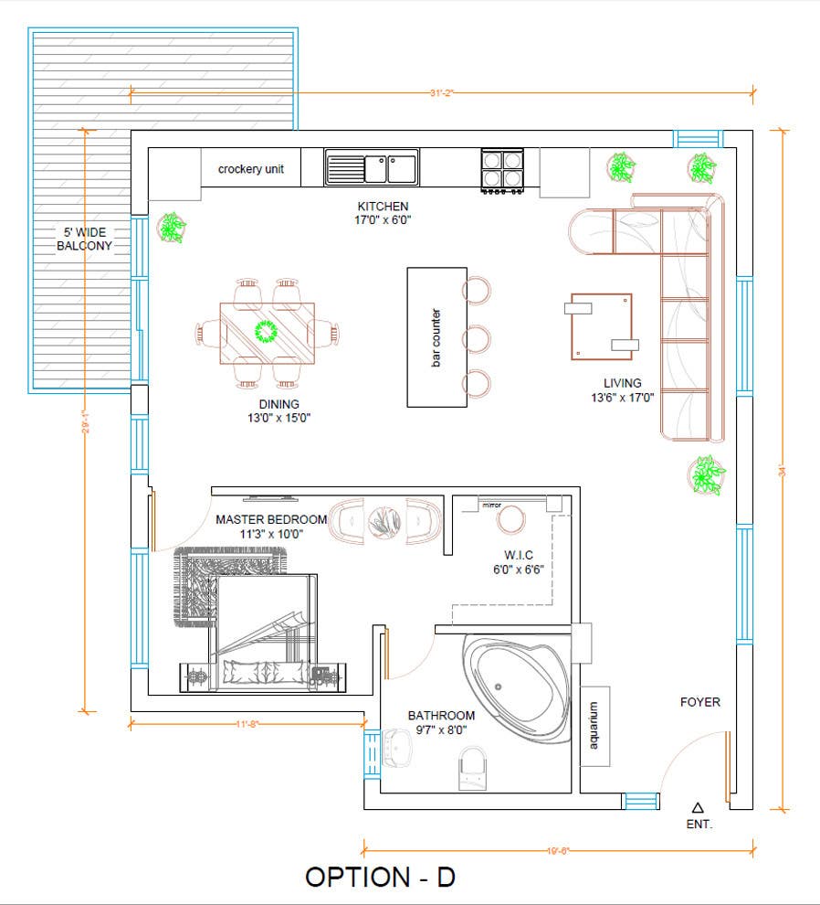 Příspěvek č. 61 do soutěže                                                 Floor plan/interior ideas for sub-penthouse condo (1000sq feet)
                                            