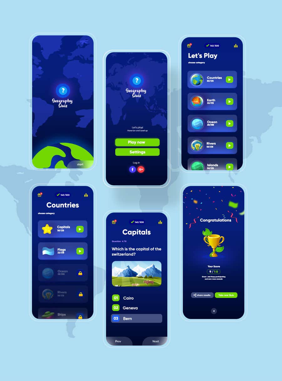 Proposition n°170 du concours                                                 Reskin App Design for "Geography Quiz". Contest winner will be awarded full project.
                                            