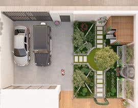 an aerial view of a yard with a parking lot and a car