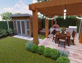 a 3d rendering of a patio with a dining area and a barbecue