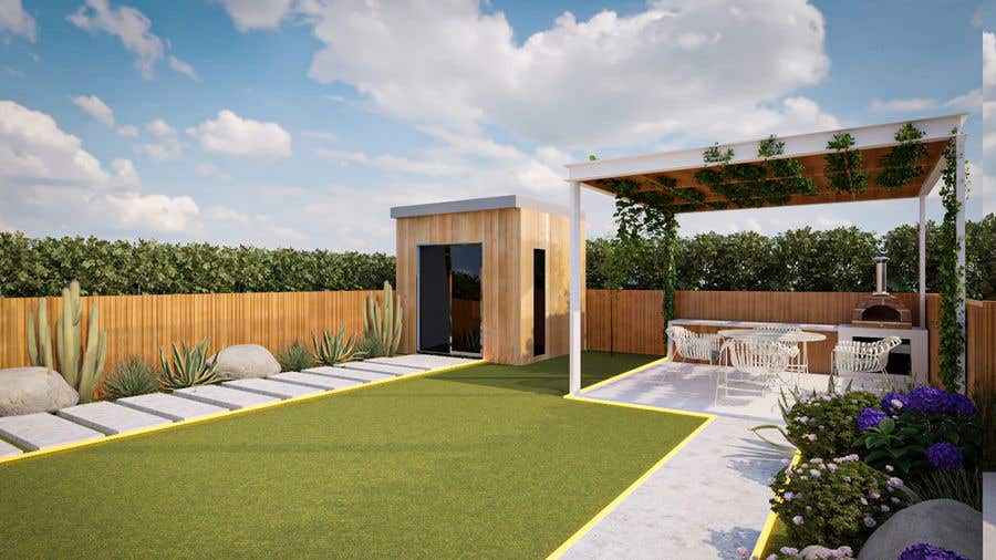 a rendering of a backyard with a pergola and lawn