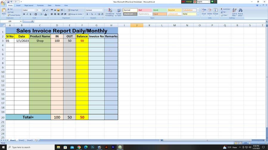 a screenshot of a spreadsheet with a sales invoice report daily monthly chart