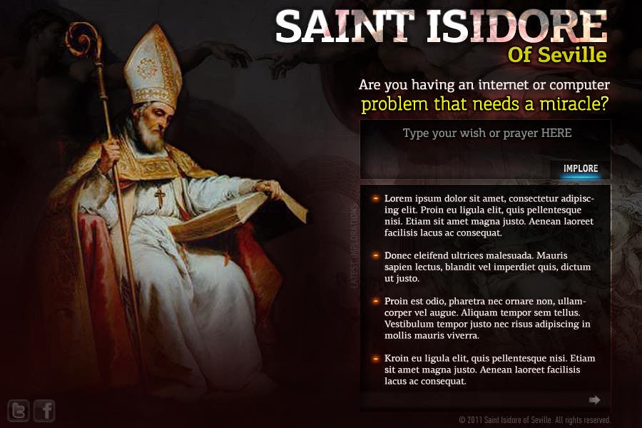 Zgłoszenie konkursowe o numerze #18 do konkursu o nazwie                                                 Graphic Design for One page web site for the Saint Of the Internet: St. Isidore of Seville
                                            
