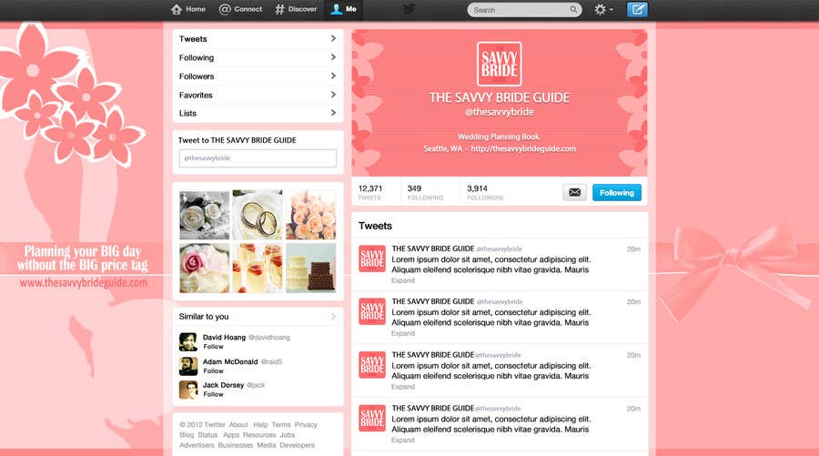 Proposition n°3 du concours                                                 Design a Twitter background for a wedding eBook
                                            