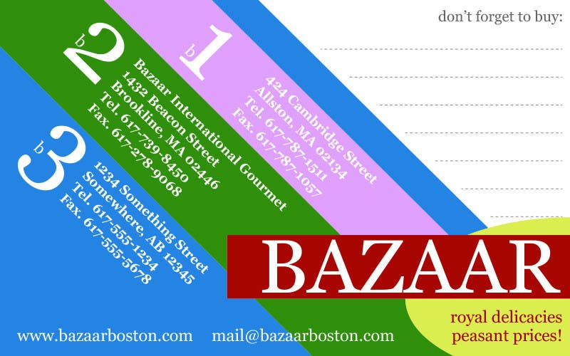 Intrarea #5 pentru concursul „                                                Business Card Design for Bazaar
                                            ”